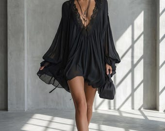 Mini robe noire fluide et ample à manches longues bohème pour femme élégante col en V