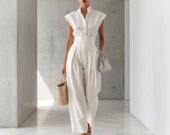 Chic High-Waist Linen Jumpsuit, Minimalist Elegant, Stand Collar, Wide Leg, Office & Casual Wear