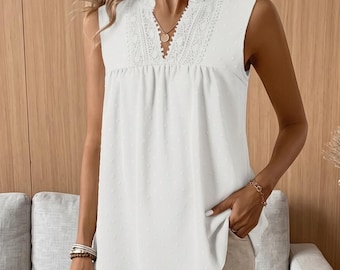 Lace Sleeveless Blouse, Boho Summer Top, Casual V-Neck Tank, Ruffled Neckline, Flowy Swiss Dot Shirt, Beach Vacation Outfit