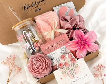 Floral Gift Box for Her, Self Care Gift Set with Floral Glass Tumbler, Fuzzy Socks, Candle, Tea, Birthday Gift for Women