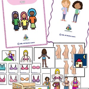 Könnte beinhalten: Lehrreiche Illustrationen über BHs und Pubertät. Das Bild enthält Zeichnungen verschiedener BH-Stile, Körperdiagramme und Cartoonfiguren. Text auf Hebräisch ist ebenfalls vorhanden.