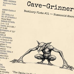 A tight close-up of the Cave-Grinner bestiary plate on a vintage parchment background. The image highlights the fine, heavy black ink cross-hatching of a crouching, monstrous humanoid with long claws and a wide grin, positioned next to classic tabletop RPG stat blocks like Armor Class and Hit Dice.