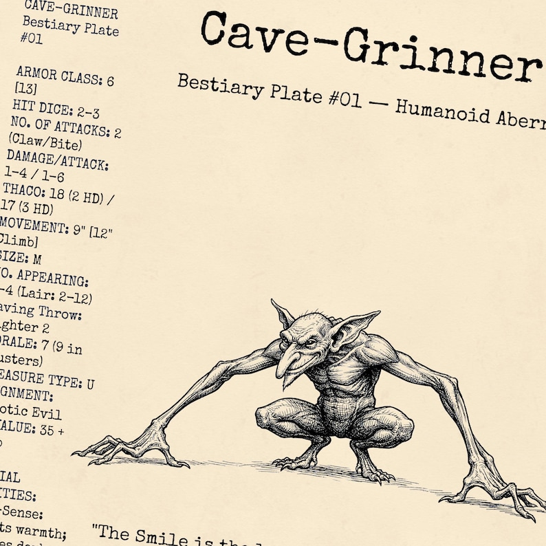 A tight close-up of the Cave-Grinner bestiary plate on a vintage parchment background. The image highlights the fine, heavy black ink cross-hatching of a crouching, monstrous humanoid with long claws and a wide grin, positioned next to classic tabletop RPG stat blocks like Armor Class and Hit Dice.