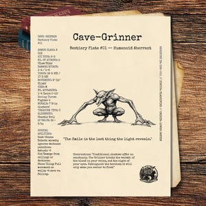 A physical vintage parchment bestiary plate resting on a dark wooden surface. The print features a heavy cross-hatched, black ink illustration of a Cave-Grinner creature, surrounded by classic OSR-style tabletop RPG game statistics and lore.