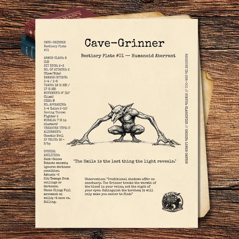 A physical vintage parchment bestiary plate resting on a dark wooden surface. The print features a heavy cross-hatched, black ink illustration of a Cave-Grinner creature, surrounded by classic OSR-style tabletop RPG game statistics and lore.