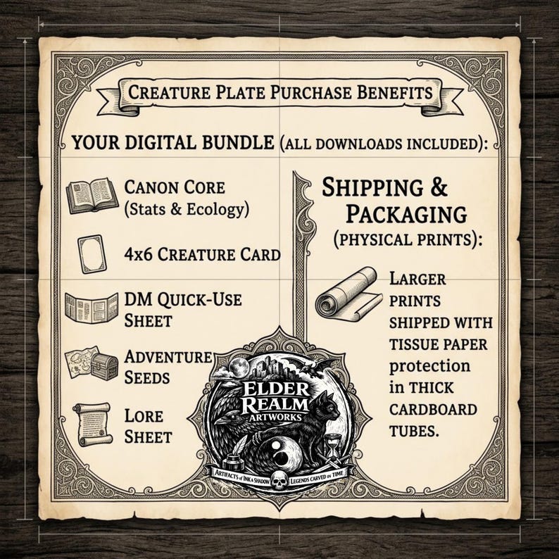 A vintage-styled informational graphic titled 'Creature Plate Purchase Benefits' for Elder Realm Artworks. The left side details the included with print purchase, digital compendium bundle, listing Canon Core stats, a 4x6 Creature Card, DM Quick-Use Sheet, Adventure Seeds, and a Lore Sheet. The right side details physical shipping, noting that larger prints are protected with tissue paper in thick cardboard tubes.