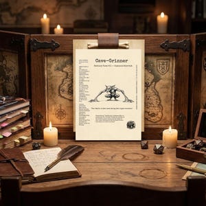 An atmospheric Dungeon Master's tabletop setup during an active RPG adventure. The Cave-Grinner bestiary plate rests on a dark wooden table surrounded by lit candles, scattered coins, and a leather journal. The vintage parchment print features a heavy pen-and-ink cross-hatched illustration of a crouched monster, alongside classic OSR stat blocks.