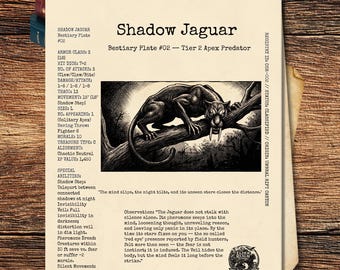May include: A cream-colored bestiary plate titled Shadow Jaguar, featuring a black and white illustration of a saber-toothed feline on a tree branch. The document includes technical game statistics, descriptive text, and an Elder Realm logo.