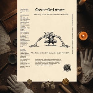 A gritty tabletop display showing the Cave-Grinner vintage ink poster as a discovered artifact among dirt, bones, a skull, and lit candles, highlighting its cross-hatched art and OSR game stats.