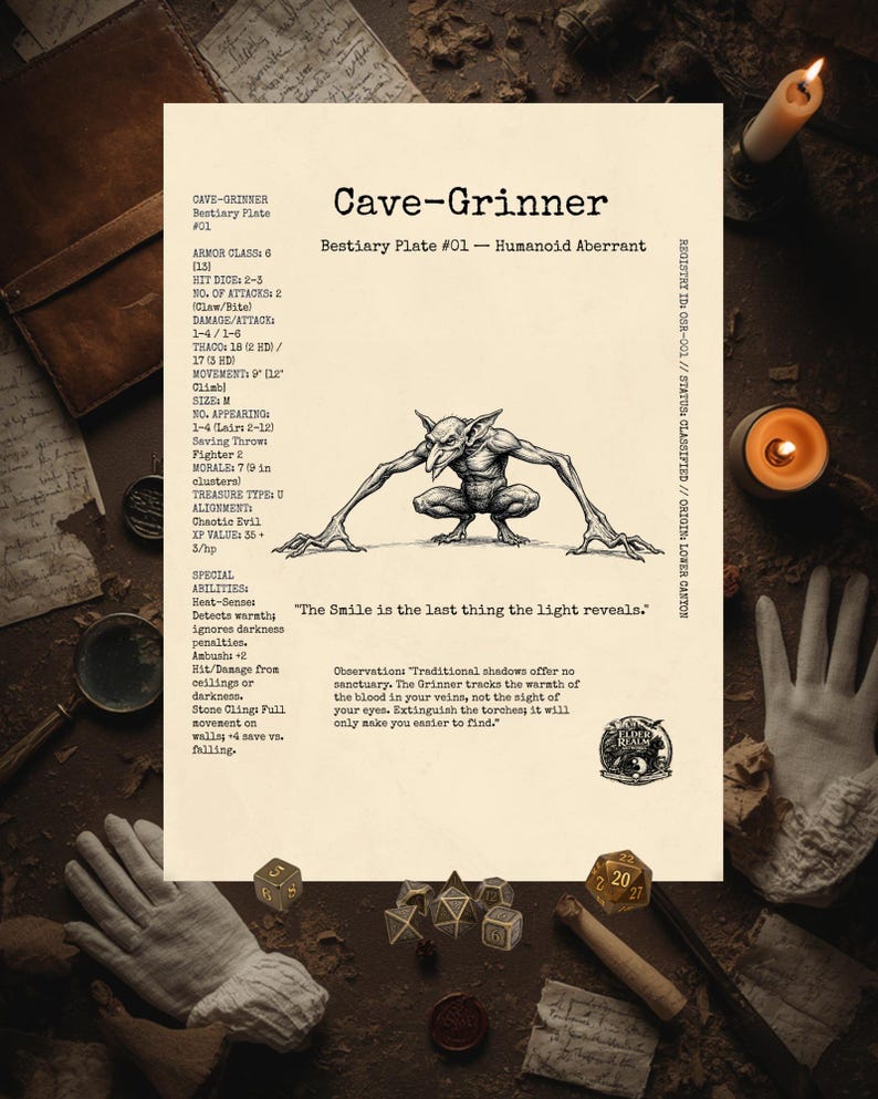 A gritty tabletop display showing the Cave-Grinner vintage ink poster as a discovered artifact among dirt, bones, a skull, and lit candles, highlighting its cross-hatched art and OSR game stats.