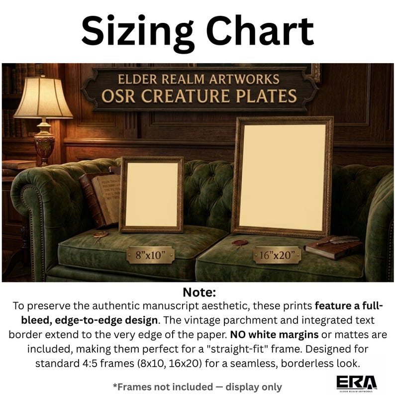 An informational sizing chart for Elder Realm Artworks OSR Creature Plates. It displays a vintage room with a dark green sofa and two framed prints indicating 8 by 10 inch and 16 by 20 inch sizes. Text explains that the prints feature a full-bleed, edge-to-edge design with no white margins for a seamless fit, and explicitly notes that frames are not included.