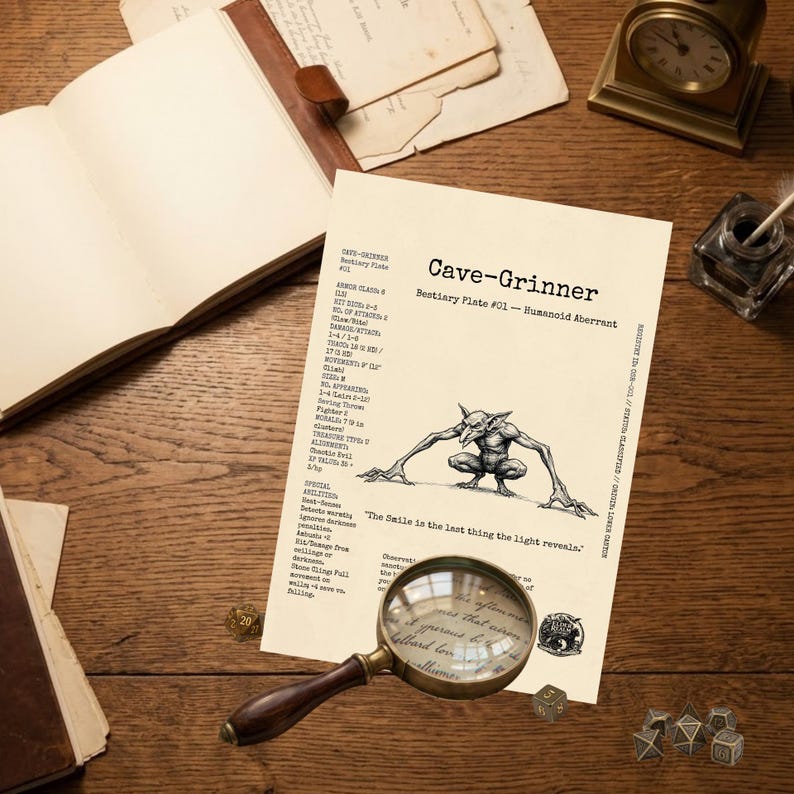 A flat lay photograph of the Cave-Grinner Bestiary Plate resting on a dark wooden desk, with a magnifying glass resting on the bottom edge. The vintage parchment print features a heavy pen-and-ink illustration of a crouched, long-armed creature, surrounded by classic OSR tabletop RPG stat blocks and lore.