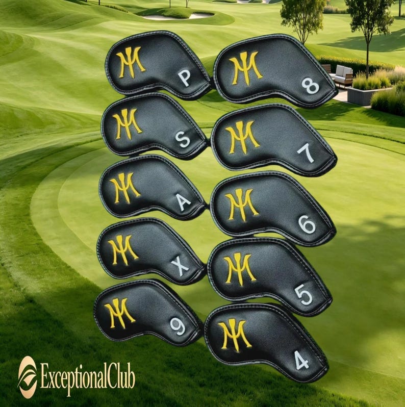 May include: A set of black golf club head covers with gold embroidered initials and numbers. The covers are arranged in a neat display, with the numbers 4 through 9, S, A, X, and P visible. The logo "ExceptionalClub" is in the lower left corner.