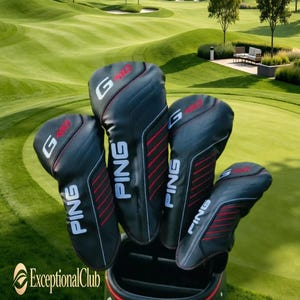 May include: Black golf club head covers with red accents and the brand name "PING" in white. The covers have the "G410" logo and are displayed in front of a golf course.