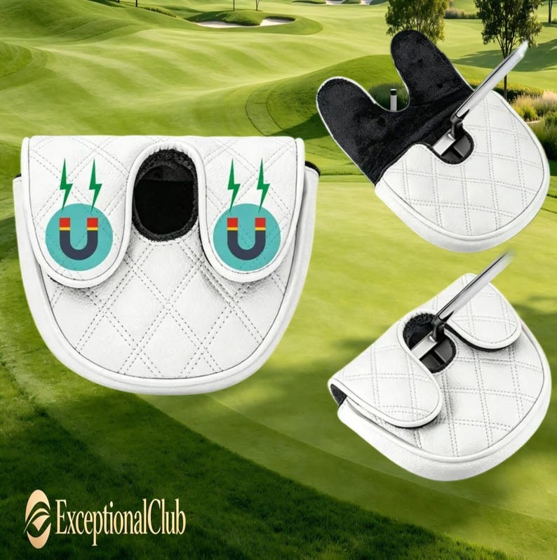 May include: A white mallet putter headcover featuring a quilted diamond pattern and a black interior lining. The cover displays two circular icons with a magnet graphic and green lightning bolts. The text ExceptionalClub is visible in the corner.