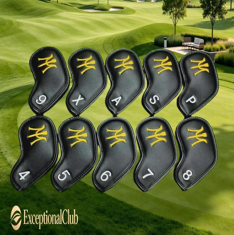 May include: A set of black golf club head covers with gold-colored embroidered designs and white numbers and letters. The covers are arranged in two rows of five, with the logo "ExceptionalClub" at the bottom.
