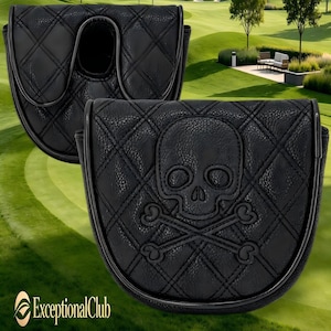May include: A black mallet putter headcover featuring a quilted diamond pattern and an embossed skull and crossbones design on the front. The cover has a textured finish and a rounded shape, with the text ExceptionalClub visible in the corner.