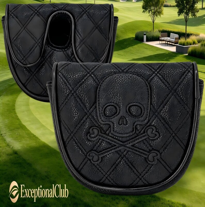 May include: A black mallet putter headcover featuring a quilted diamond pattern and an embossed skull and crossbones design on the front. The cover has a textured finish and a rounded shape, with the text ExceptionalClub visible in the corner.