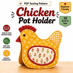 Molde em PDF para porta-panelas de galinha, Molde para porta-panelas, Molde para costura de cozinha, Porta-panelas de galinha faça você mesmo, Molde em PDF para imprimir