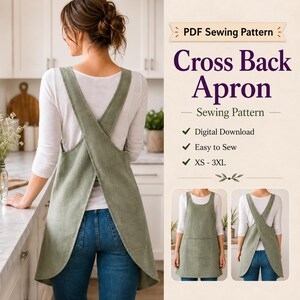 Cross Back Apron Sewing Pattern, Japanese Pinafore Apron, Artist & Kitchen Apron DIY, Pottery Apron, Plus Size Linen Apron Pattern For Women