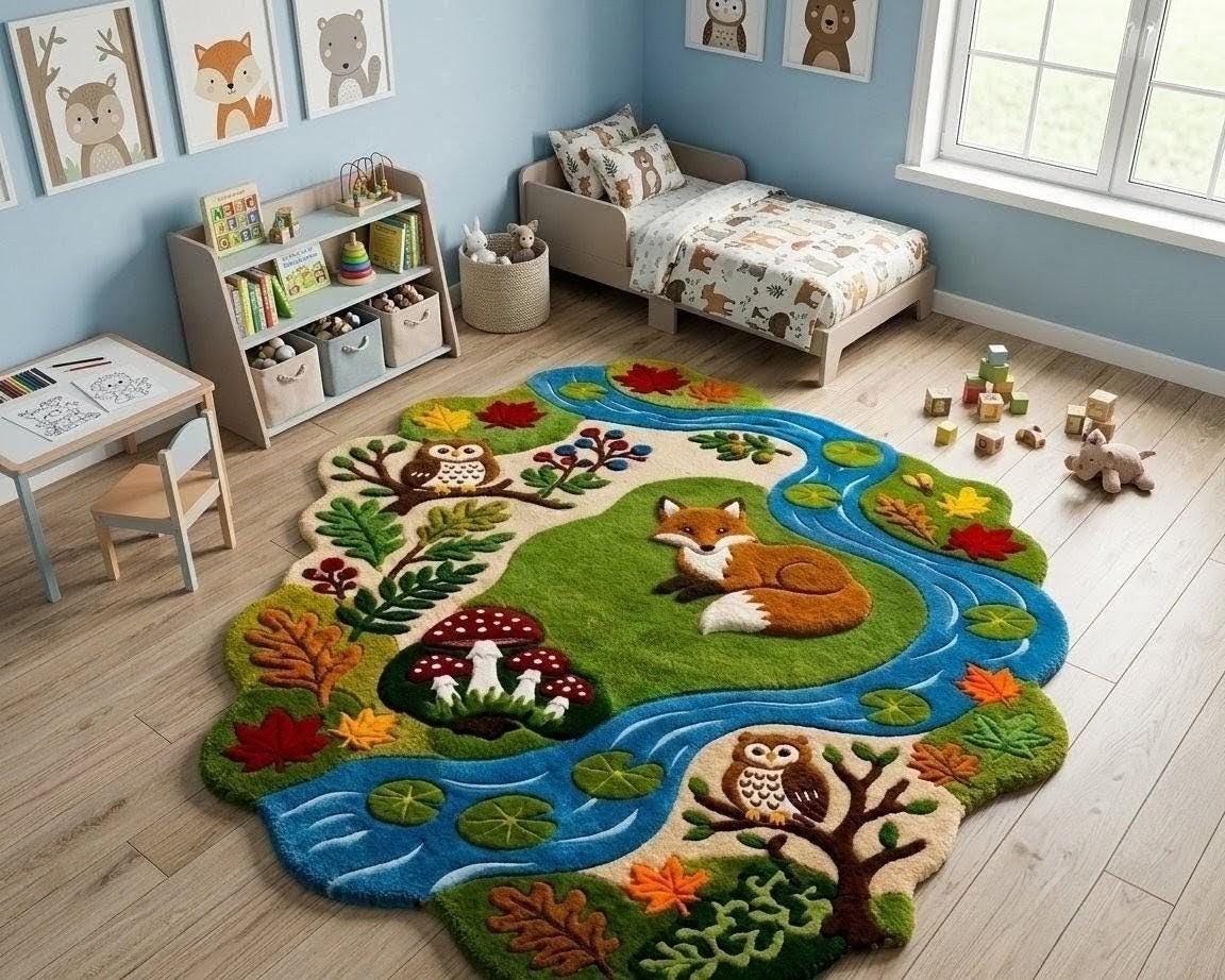 Woodland Nursery Rug, Fox Owl Forest Animal Playroom Carpet (Nature Theme)