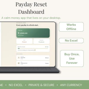 May include: A digital dashboard interface titled Payday Reset Dashboard displayed on a laptop screen. The interface features a green header with a $3,500.00 balance, spending progress bars, and transaction lists. Text boxes indicate Works Offline, No Excel, and Buy Once, Use Forever.