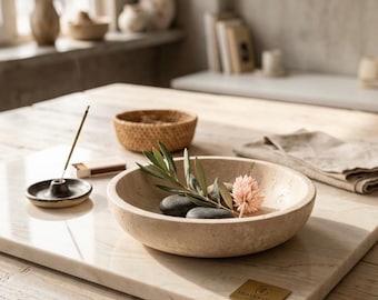 Bol de piedra travertino - Decoración de lujo en mármol beige natural - Diseño de interiores zen
