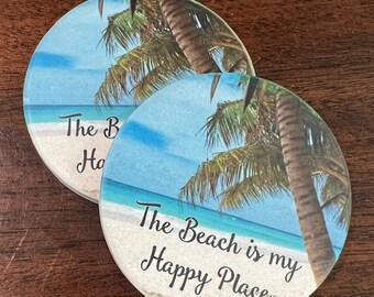 The Beach is My Happy Place Car Coasters Set of 2 Sandstone Coasters