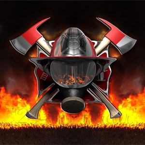 Pode incluir: Um capacete de bombeiro com um design de machados cruzados, sobre um fundo de chamas. O capacete é preto e prateado com uma borda vermelha e as letras "FD" na frente. Os machados são vermelhos e prateados com cabos pretos.