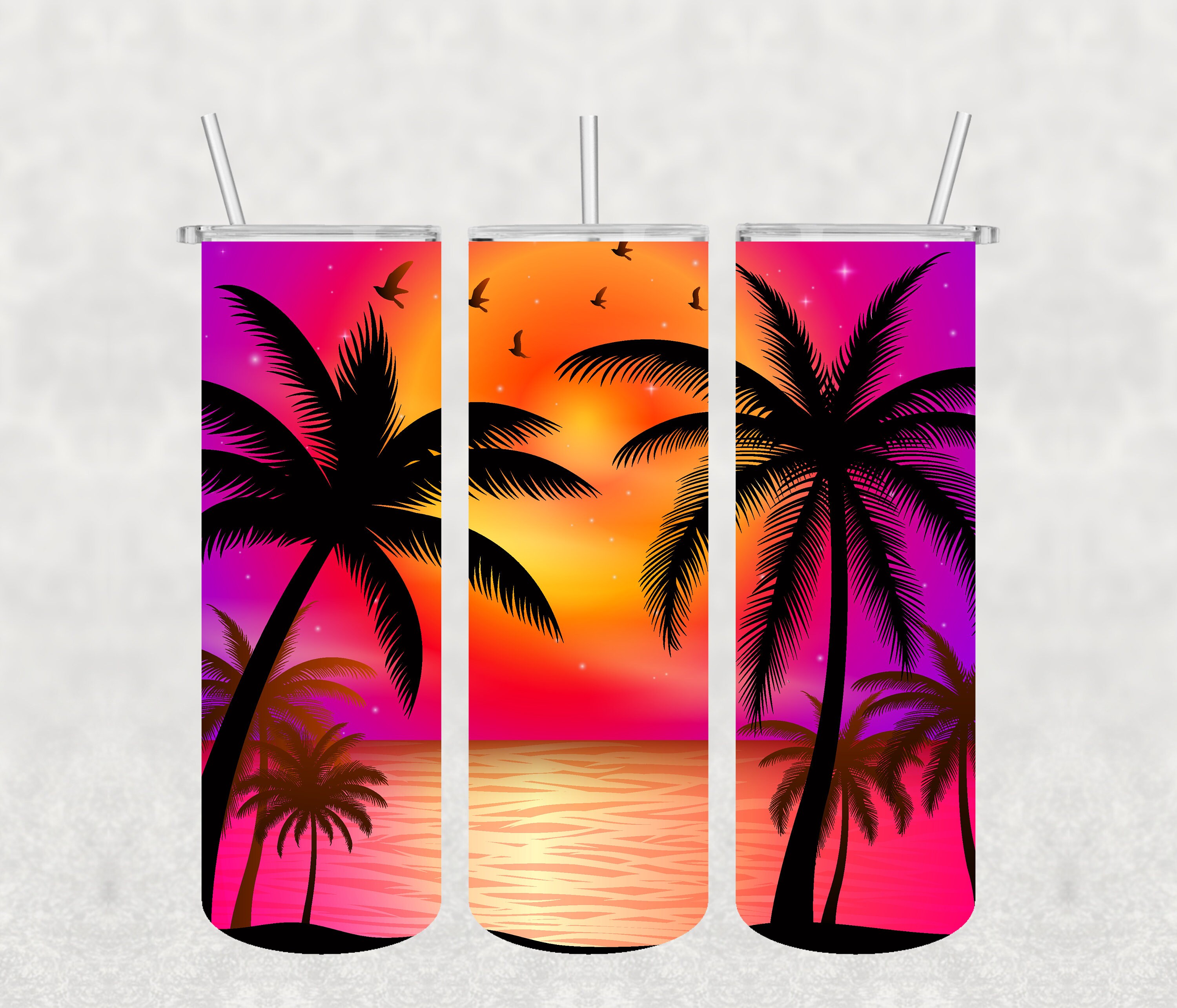 Ocean Beach Sunset Palm Tree Sublimation PNG Skinny Tumbler