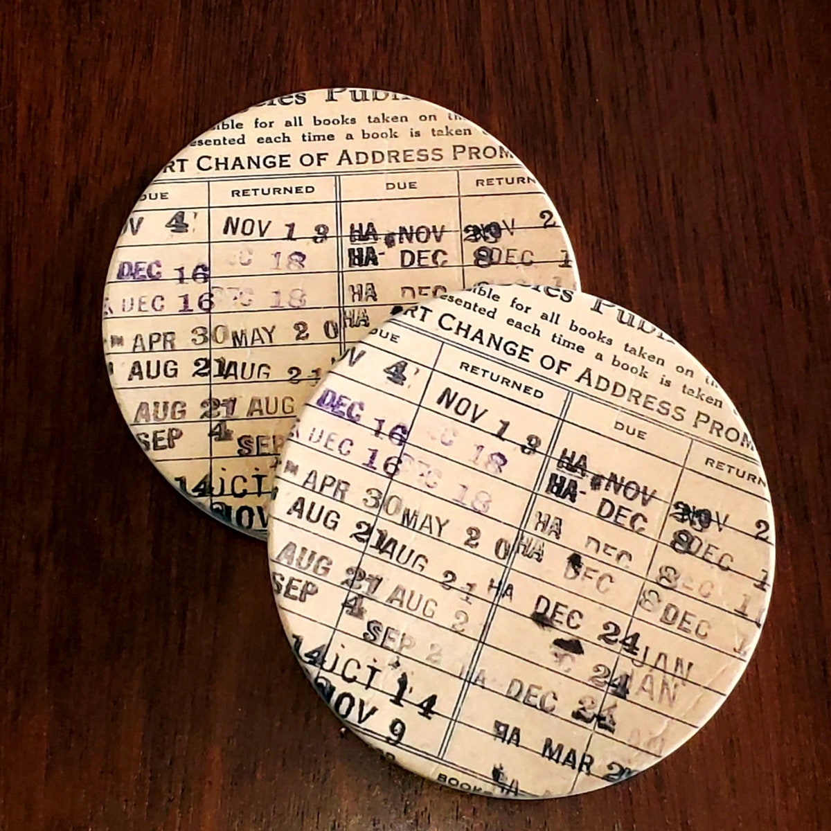 Library Card Coaster Set of 2 Sandstone Round Coasters - Etsy