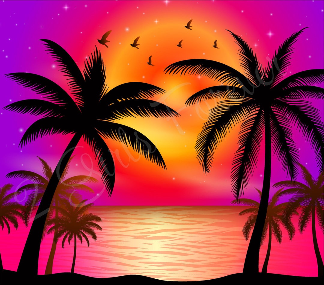 Ocean Beach Sunset Palm Tree Sublimation PNG Skinny Tumbler Digital File  Hot Pink Beach Palm Trees - Etsy, image size:1080x952