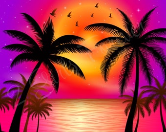 Ocean Beach Sunset Palm Tree Sublimacja PNG Skinny Tumbler Plik cyfrowy Gorące różowe palmy plażowe