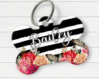 Personalized Double Sided Black White Rose Dog Bone ID Tag