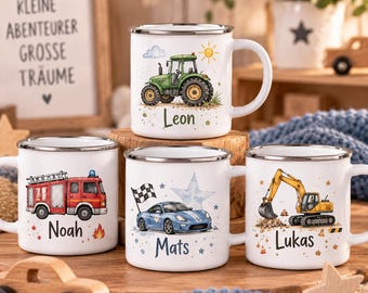 Emaille Tasse Kinder, Personalisierte Emailletasse für Kinder, Tasse mit Wunschname, Traktor, Bagger, Feuerwehr oder Rennauto Geschenk Junge