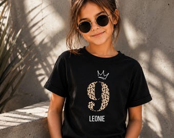 Personalisierte Geburtstagsshirt Mädchen, Tshirt Mädchen Leoprint, T-Shirt zum Geburtstag mit Zahl, Tshirt Geburtstag mit Zahl und Namen