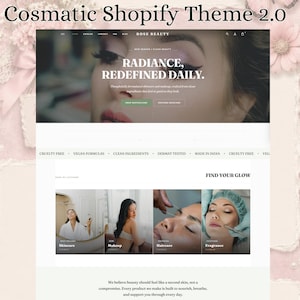 以下が含まれることがあります： Cosmatic Shopify Theme 2.0と題されたデジタルウェブサイトテンプレートで、Rose Beautyのホームページレイアウトが特徴です。デザインには、Radiance, Redefined Dailyというテキストを含むヒーローセクション、ナビゲーションメニュー、スキンケア、メイクアップ、ヘアケア、フレグランスの4つのカテゴリーブロックが含まれています。
