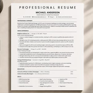 May include: A professional resume template for a Senior Product Marketing Manager named Michael Anderson. The document features black text on a white background, organised into sections for professional summary, work experience, education, and skills.