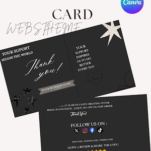 Peut inclure: Un modèle de carte de remerciement noir avec du texte blanc indiquant YOUR SUPPORT MEANS THE WORLD, Thank you!, YOUR SUPPORT INSPIRES US TO DO BETTER EVERY DAY, FOLLOW US ON, et LEAVE A REVIEW & SHARE THE LOVE avec cinq étoiles jaunes.