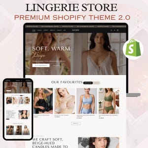 May include: A digital display of a Shopify e-commerce website for a lingerie store, featuring a hero banner with the text LINGERIE STORE PREMIUM SHOPIFY THEME 2.0, Ivory branding, and a product grid showcasing various lingerie sets and models.