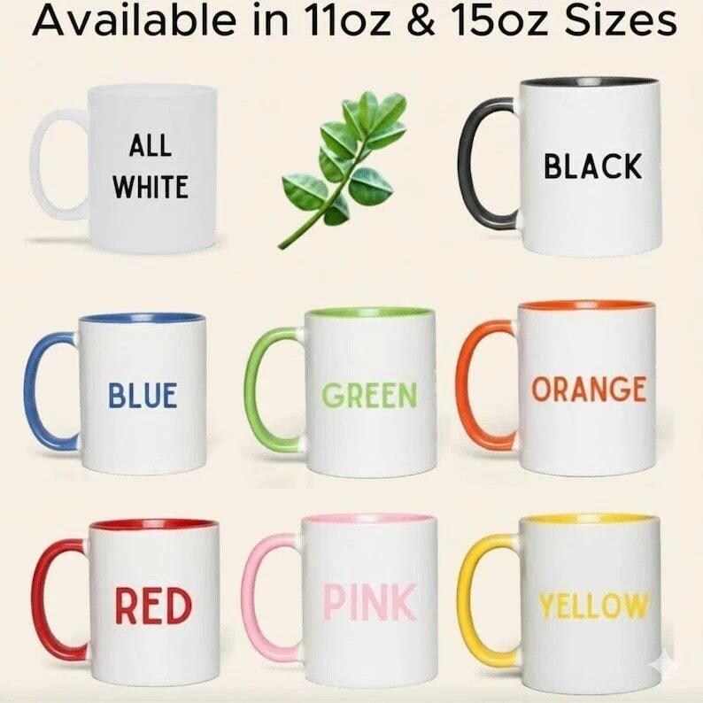 May include: White ceramic mugs with colored handles and interior accents. Each mug features a different color: black, blue, green, orange, red, pink, and yellow. The text "ALL WHITE", "BLACK", "BLUE", "GREEN", "ORANGE", "RED", "PINK", and "YELLOW" are printed on the mugs.