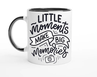 Taza "Los pequeños momentos crean grandes recuerdos", taza de café con diseño de fotografía, taza con cita inspiradora, regalo para guardar recuerdos, taza de cerámica negra.