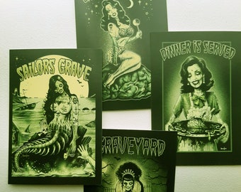 Gothic Art, Zombie Art, witches, Rockabilly,Horror,Mermaid witchcraft, occult, home decor, Gothic Decor, Postcard set x 4, set A
