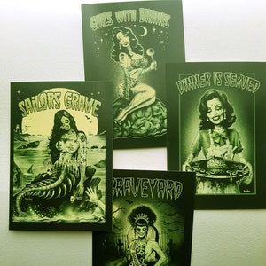 Gothic Art, Zombie Art, witches, Rockabilly,Horror,Mermaid witchcraft, occult, home decor, Gothic Decor, Postcard set x 4, set A