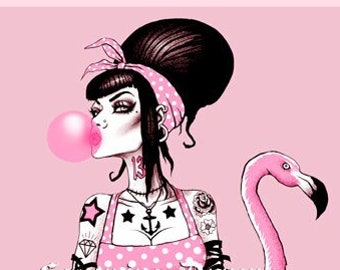 Pink Crazy, Pink Lady, Pink Picture, Pink Dress, Pink Hair band, Rockabilly Pinup, Pink Ladies, Bubblegum, Lowbrow, Flamingo Girl Art Print