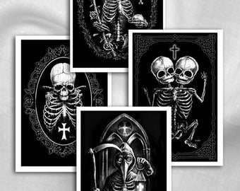 Death, Gothic Art, skulls, Plague Doctor, Santa Muerte, occult, Skeleton, Black and White, home decor, Gothic Decor, Postcard set x 4,