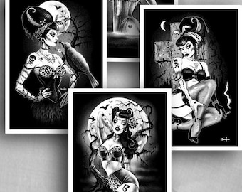 Gothic Art,Zombie Art,  Gothabilly, Rockabilly Zombie Girls ,Graveyard,Black and White, home decor, Crow, Postcard set x 4