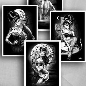 Gothic Art,Zombie Art,  Gothabilly, Rockabilly Zombie Girls ,Graveyard,Black and White, home decor, Crow, Postcard set x 4
