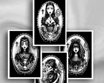 Witch, Black Witch, Gothic Art, Zombie Art, witches, witchcraft, occult, Black and White, home decor, Gothic Decor, Postcard set x 4