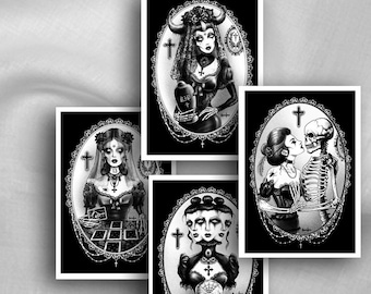 Witch, Black Witch, Gothic Art, Zombie Art, witches, witchcraft, occult, Black and White, home decor, Gothic Decor, Postcard set x 4